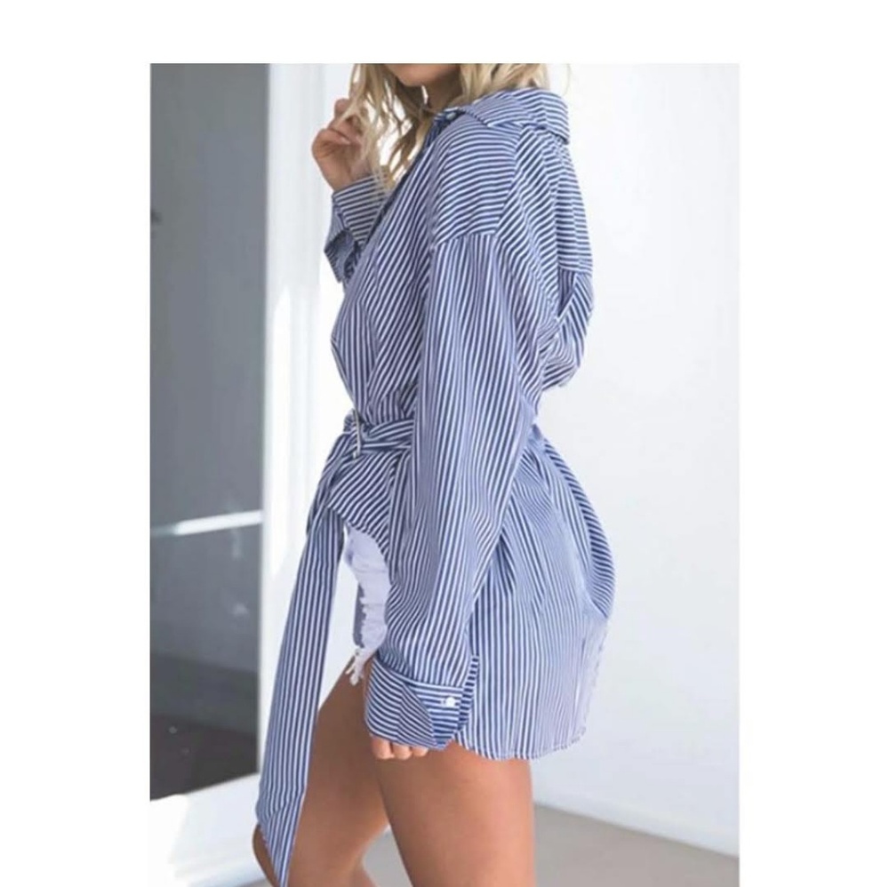 RIMINI Striped Boyfriend Button Down Belted Top - Picture 2 of 5